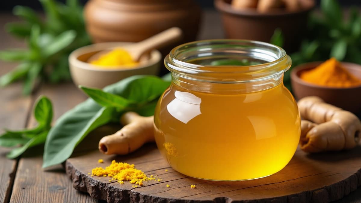 Pure Desi Cow Ghee in glass jar with natural herbs